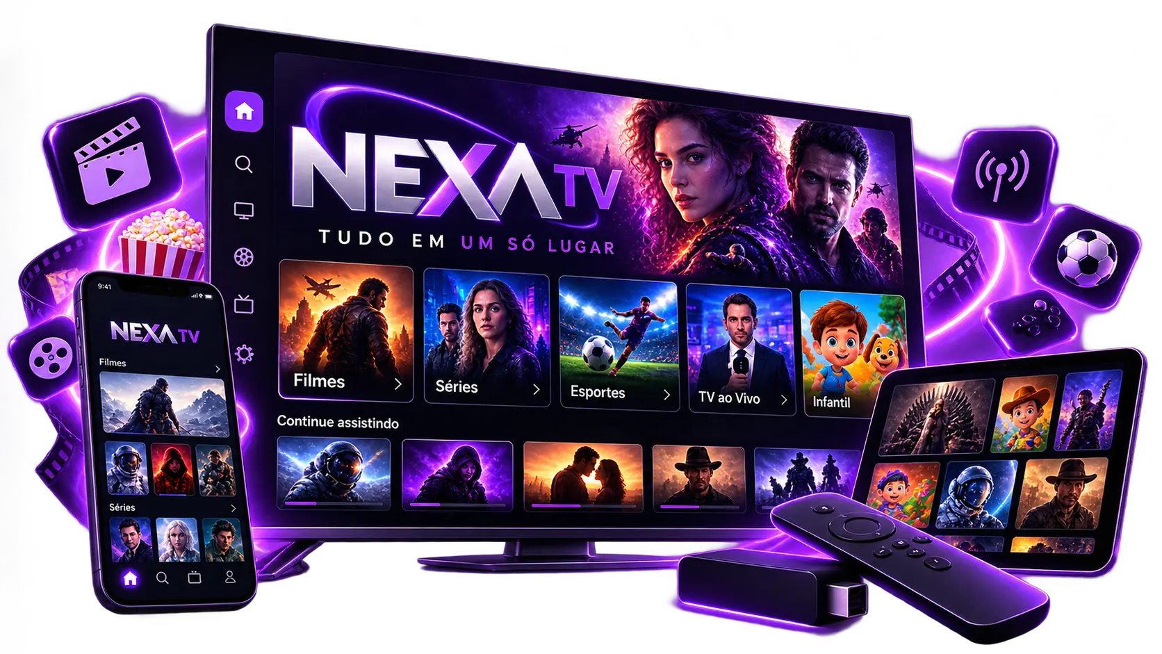 Nexa TV em vários dispositivos mostrando filmes, séries, TV ao vivo e jogos